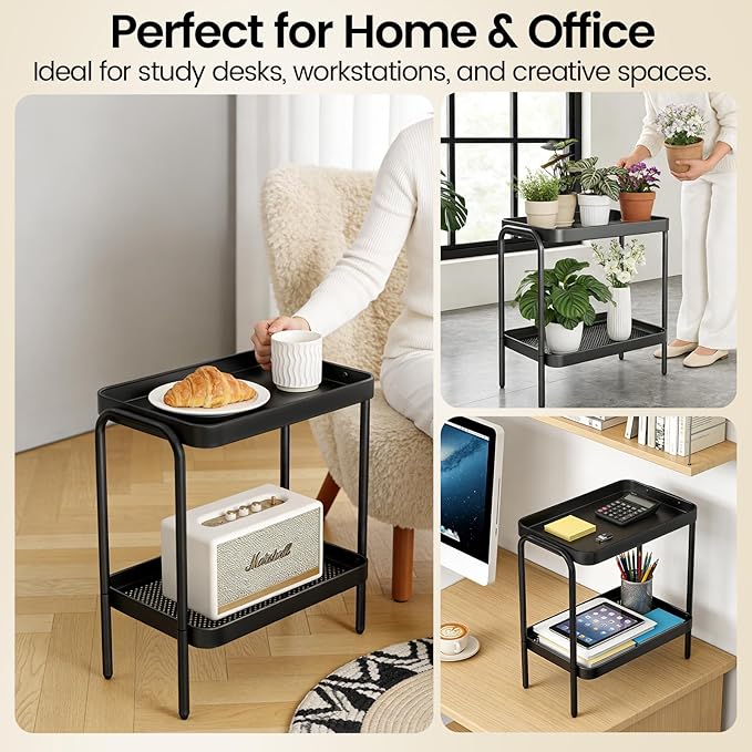 2 in 1 Desktop & Floor End Table with Storage Shelves, Compact 2-Tier Side Table for Office Desk Organization, Bedside Nightstand, Small Space Nightstand for Living Room, Bedroom, Office