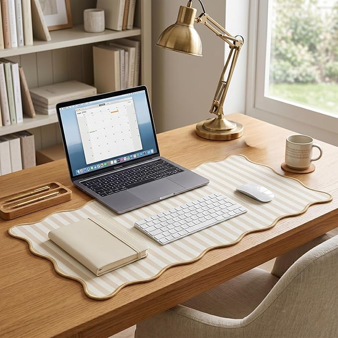 Scalloped Desk Mat with Gel Wrist Rest for Keyboard and Mouse Extended Cute Beige Mouse Pad XXL Striped Mousepad Stripe Desk Pad Mouse Wrist Support forComputer Laptop Home Office 31.5X15.7Inch