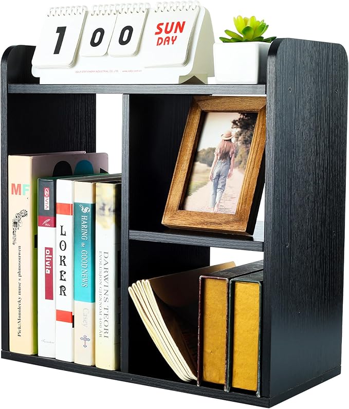 TQVAI Wood Desktop Bookshelf, 3 Cube Storage Unit Multipurpose Open Storage Shelves for Books, Office Supplies, Plants and Decor, Freestanding Desk Shelf Organizer for Office Home Study Room, Black