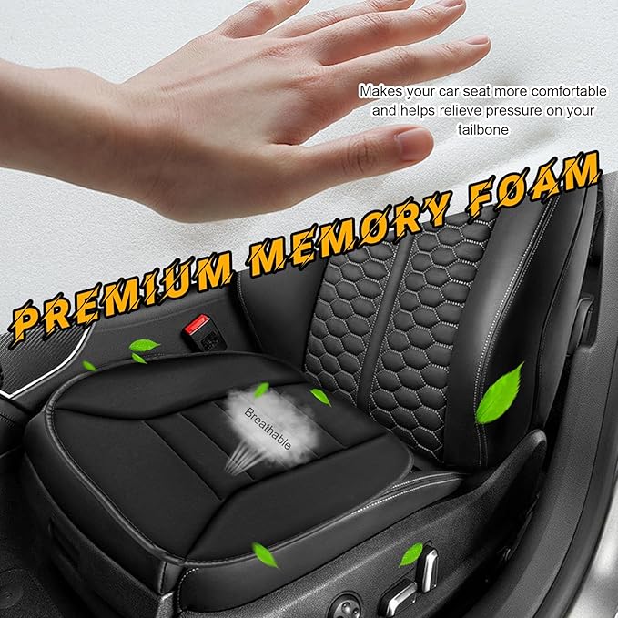 povtii Car Seat Cushion, Non-Slip Bottom Cushion for Car Driver Office or Home Chair, Breathable Pressure Relief Seat Pad with Memory Foam, Car Accessories Fit Most Vehicles (Black)