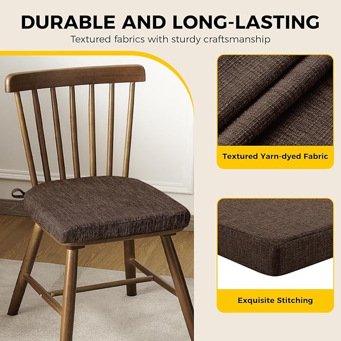 downluxe Indoor Chair Cushions for Dining Chairs, Soft and Comfortable Textured Foam Kitchen Chair Pads with Ties and Non-Slip Backing, 16" x 16" x 2", Brown, 6 Pack