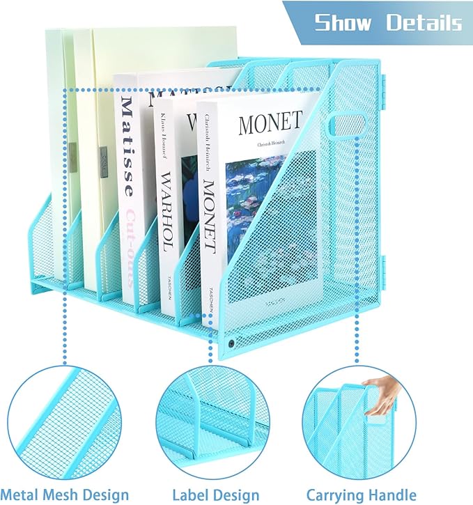 Desk Organizers Metal Magazine File Holder Racks Desktop Folder Storage Binder Organiser Document Organization for Home Office & Classroom,5 Vertical Compartments-Blue