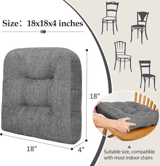 downluxe Chair Cushions for Dining Chairs 4 Pack, Tufted Indoor Chair Pads with Non-Slip Bottom, U-Shaped Kitchen Chair Cushions, 18"x18"x4", Dark Grey