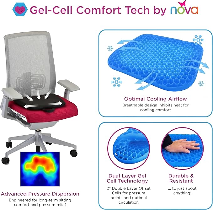 nova Cooling Gel Seat Cushion – Double Layer Honeycomb Design for Pressure Relief, Breathable & Shock Absorbing, Non-Slip Bottom with Handle – Office Chair, Car, Wheelchair & Home Use