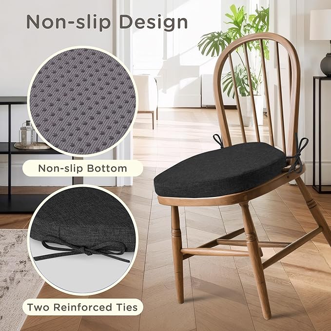 Windsor Chair Cushions for Dining Chairs 1 Pack Non Slip Kitchen Seat Cushion with Ties and Washable Covers Indoor Comfortable Seat Pad with Thick Foam 16.5" x 15.5" x 2" Black