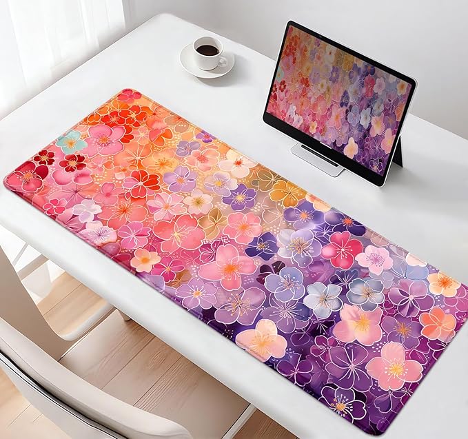 Colorful Flower Large Mouse Pad for Laptop, Pink Purple Red and Gold Pattern Desk Mats for Desktop, Watercolor Beautiful Floral Computer Desk Pad, Non-Slip Rubber Base Desktop Mat, 31.5 x 11.8 inches