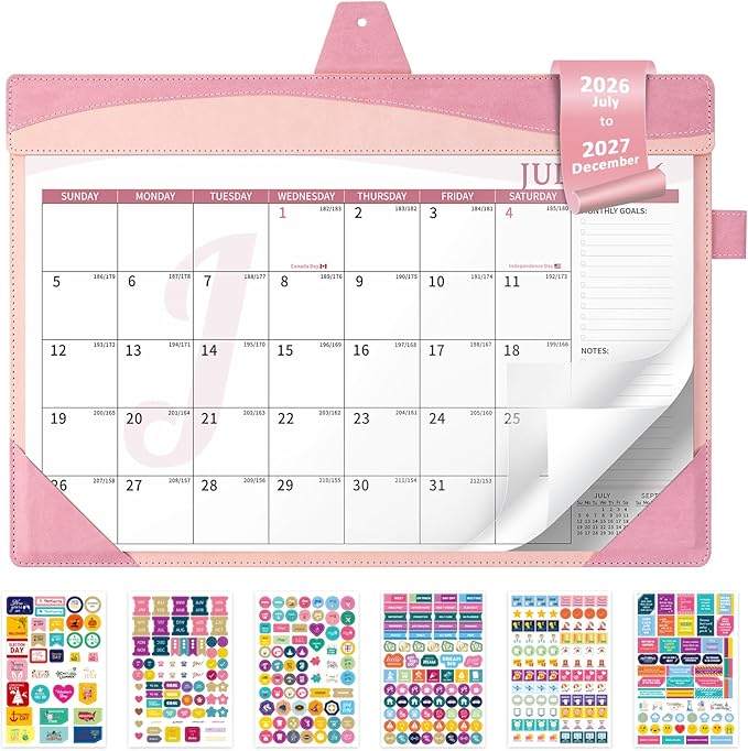 Ospelelf Desk Calendar 2026-2027 Large 12"x17" Leather Monthly Planner Pad with Protective Cover 18 Months Use July 2026 to December 2027 Pink