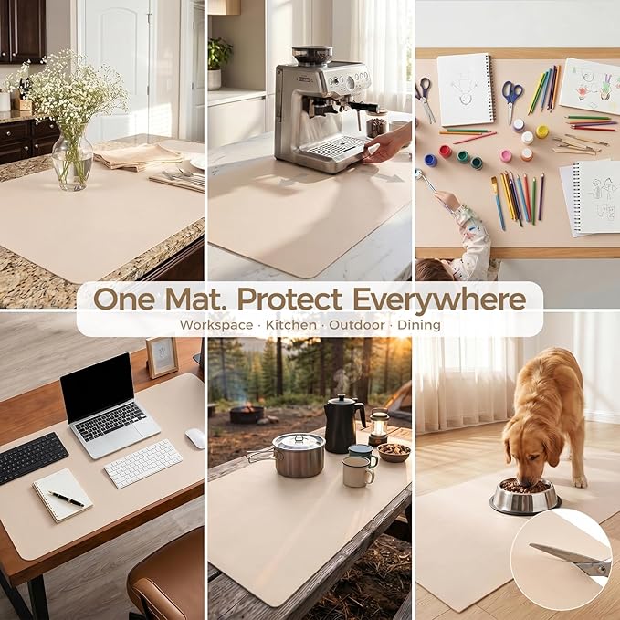 1.6mm Thick Leather 20x84 Inch Non-Slip Mat, Waterproof Countertop Protector, Extra Large Kitchen Counter/Banquet Table Mat, Warm Beige