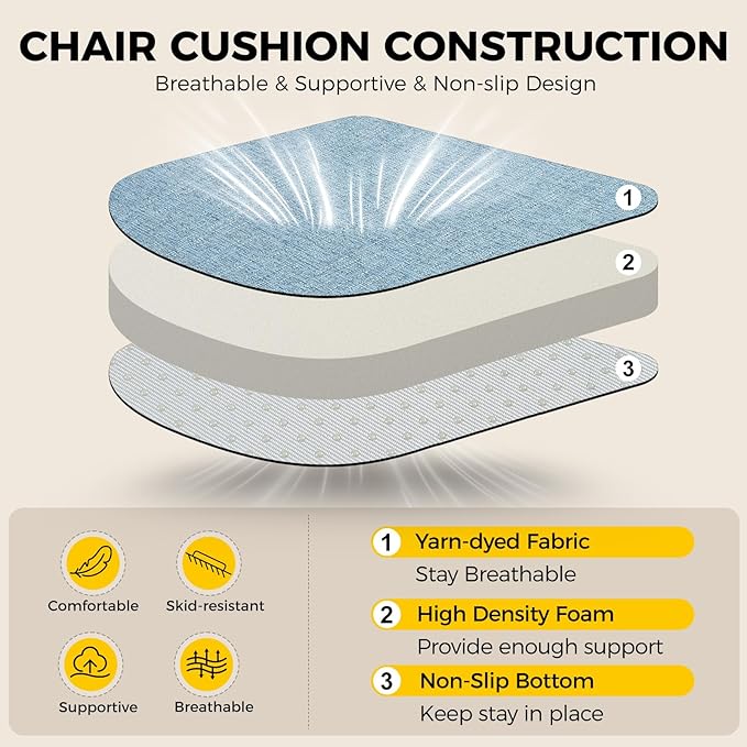downluxe Indoor Chair Cushions for Dining Chairs, Soft and Comfortable Textured Foam Kitchen Chair Pads with Ties and Non-Slip Backing, 16" x 16" x 2", Light Blue, 6 Pack