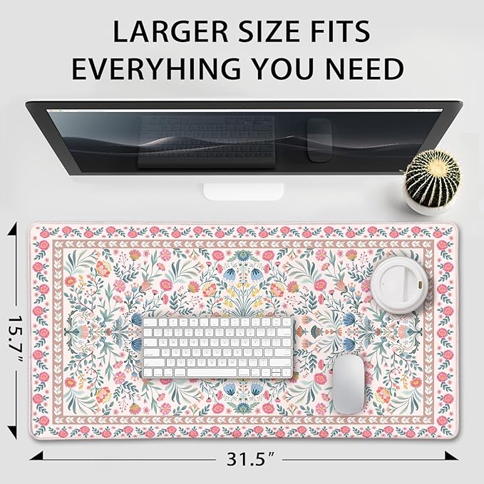 Pink Floral Desk Mat 31.5"x15.7", Extra Large Mouse Pad with Non-Slip Rubber Base, Waterproof Desk Blotter with Stitched Edges, Smooth Computer Mat for Home Office Desk