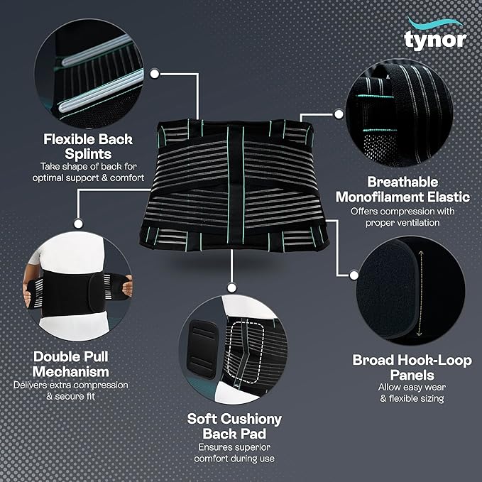 TYNOR Back Brace for Lower Back Pain with Lumbar Pad for Men & Women, Breathable Lumbar Support Brace with Adjustable Straps for Herniated Disc, Scoliosis & Lifting (XL, Premium Black)