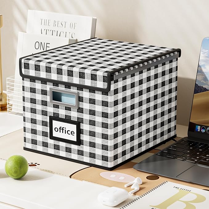 Decorative File Organizer Boxes Office Document Storage with Lids, Linen File Storage Organizer Boxes, Universal Hanging Filing Organization Box for Letter/Legal Folder,Home File Storage Bins