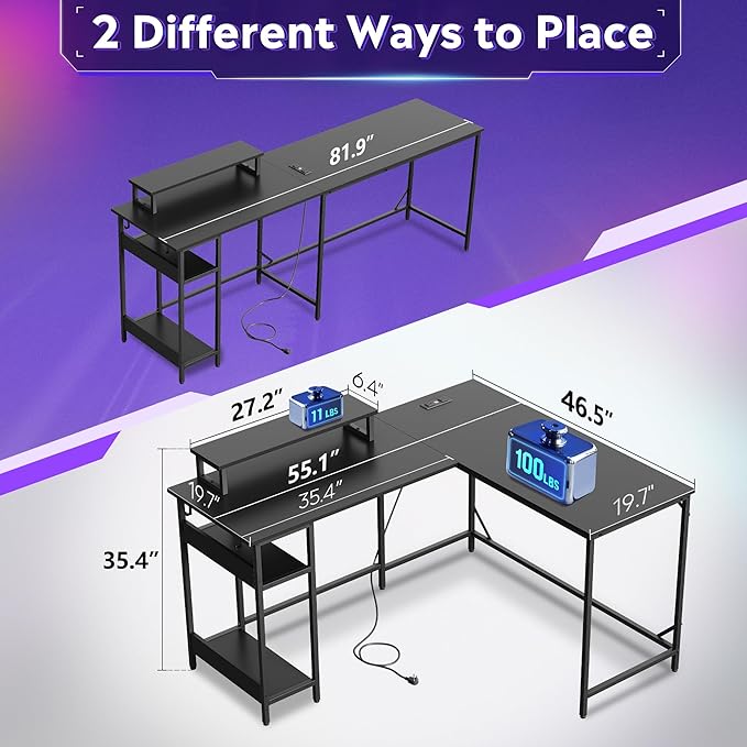 DEVAISE Spacious 55" L Shaped Gaming Desk with LED Lights and Power Outlets - Reversible Corner Computer Table with Monitor Stand and Storage Shelves for Work and Gaming, Black