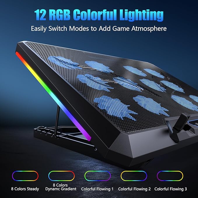 Laptop Cooling Pad with 12 Quiet Fans, Slim Portable for 12-17.3 Inch Laptop Cooler Stand, RGB Lighting, with 5 Height Adjustable, Gaming Cooling Fan Pad,Two USB Ports, Phone Holder (LCD)