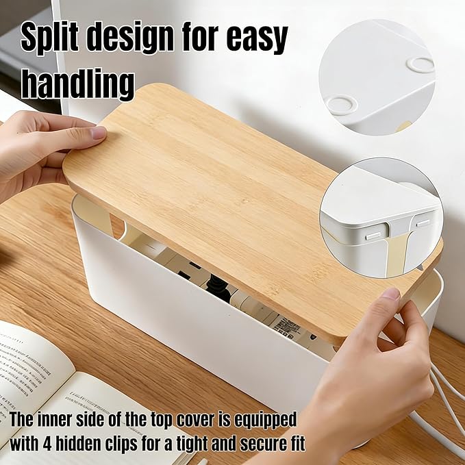 1Large+1Small Cable Organizer Set with 4 Silicone Cable Ties, 2-Piece Cable Management Box, Bamboo Lid Cord Organizer for Home Office,Set of Two Cable Box,Cable Organizer Box(Bamboo lid/White)
