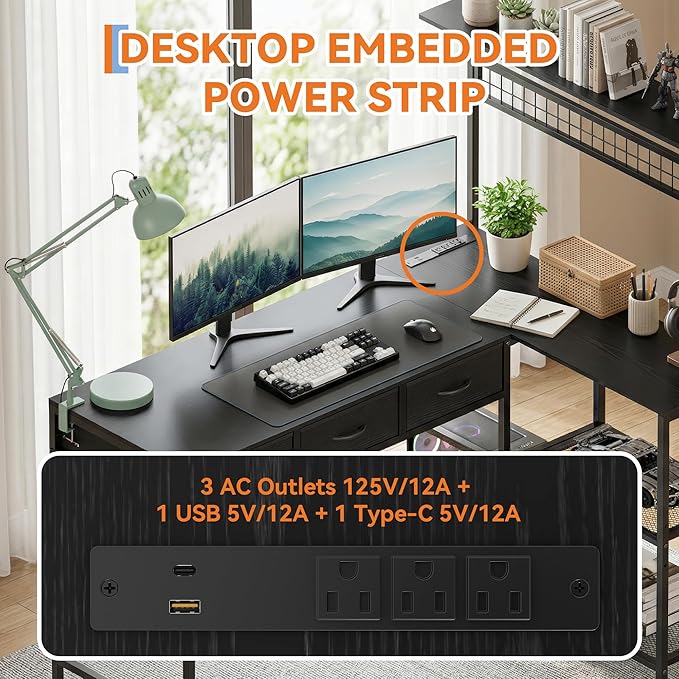 Garvee Computer Desk with 3 Fabric Drawers, 50.4 in l-Desk Display Shelves with Led Light & Power Outlet, PC Table Workstation for Home Office, Gaming Desk for Small Spaces, Black