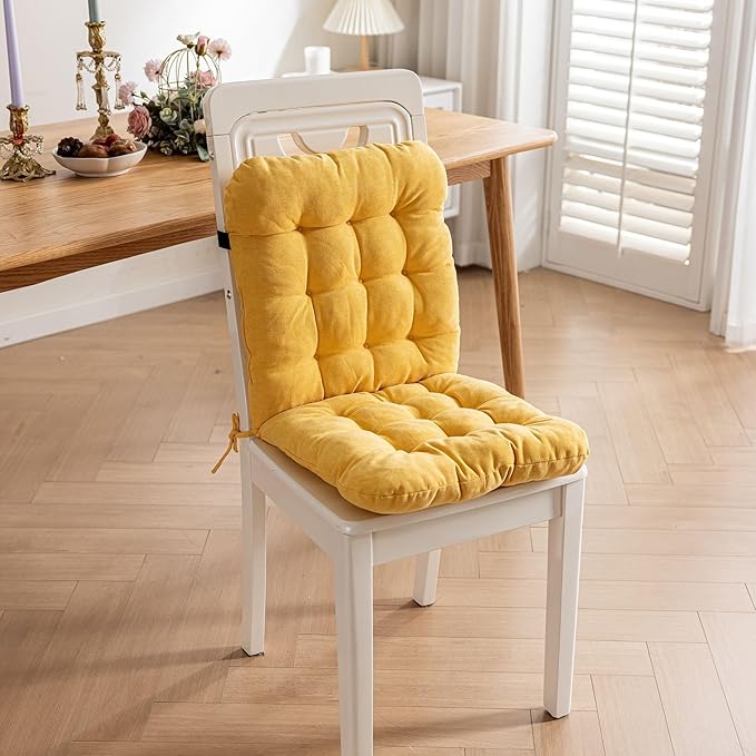 Desk Chair Cushion,Non-Slip Office Chair Pad with Ties,Soft Seat Cushion with High Back Support for Dorm,Car,Dining Room,Kitchen,Rocking Chairs (Yellow)