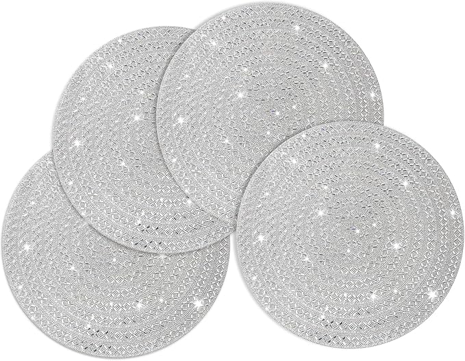 Round Placemat, Heat Resistant Table Place Mat for Dining Table 15 inch Anti-Slip Tablescapes Decorations Sparkling Bling Rhinestones Mat Silver Placemat (Silver-X-Pattern, 4PCS)