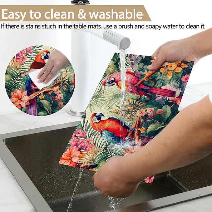 Placemats Set of 6, Tropical Parrot Forest Linen Placemats 12x18 Inch, Heat Resistant Table Mats, Washable Non Slip Place Mats for Dining Table Kitchen Home