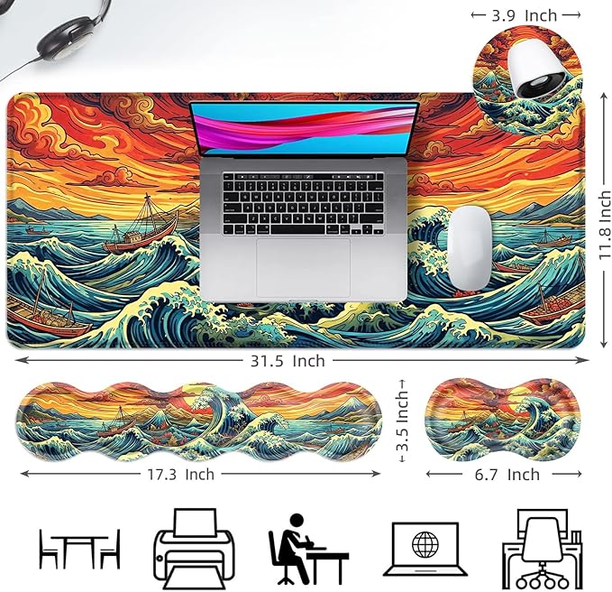 Ergonomic Mouse Pad Set with Wrist Support for Keyboard and Wrist Rest for Mouse, Memory Foam Comfort, Non-Slip Large Desk Mat for Home Office Pain Relief,Retro Japanese Waves