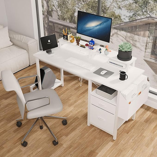 Home Office Desk with Side Pocket and Drawers, Modern Computer Desk for Small Space Bedroom, 47 Inch Gaming Desk with Power Outlet & 2 Movable Monitor Shelves (White)