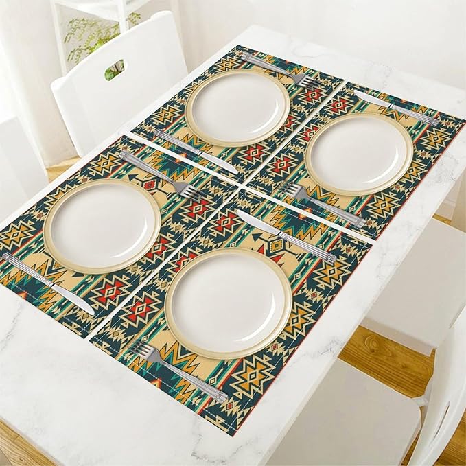 Vintage Aztec Southwest Placemats Ethnic Style Design Boho Geometric Pattern Linen Washable Table Mats Stain Heat-Resistant Desktop Decor Place Mats for Home Kitchen Dining Party 12x18 in 6 Pcs