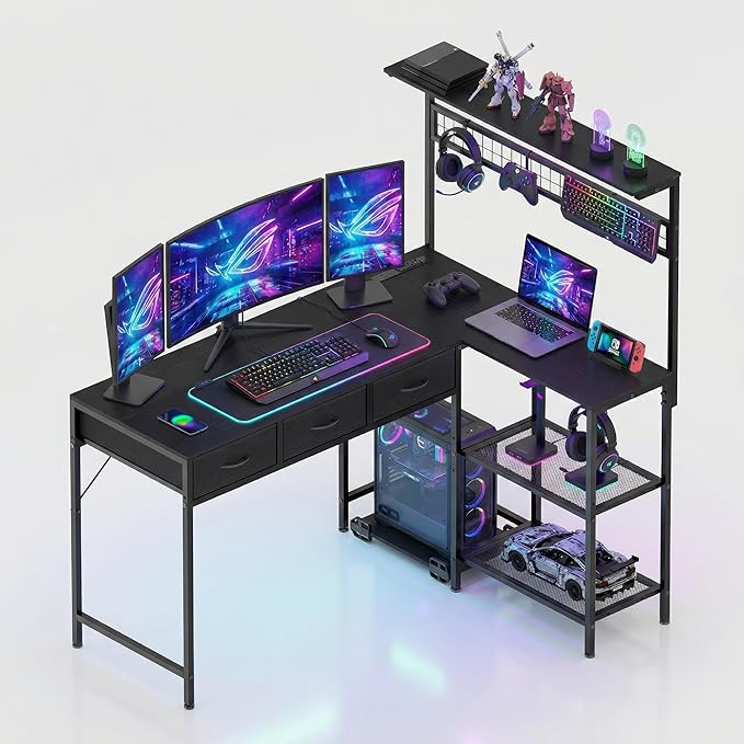 Garvee Computer Desk with 3 Fabric Drawers, 50.4 in l-Desk Display Shelves with Led Light & Power Outlet, PC Table Workstation for Home Office, Gaming Desk for Small Spaces, Black