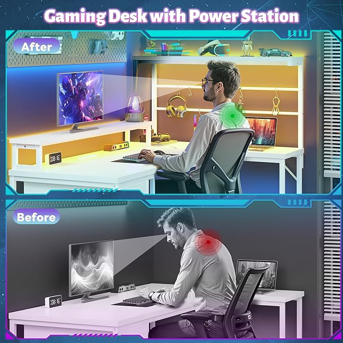 EnHomee 53 inch L Shaped Gaming Desk with LED Lights & Power Outlets, Reversible Corner Desk with Monitor Stand, Computer Desk with Shelf and Drawers for Home Office Writing, Study & Gaming, White