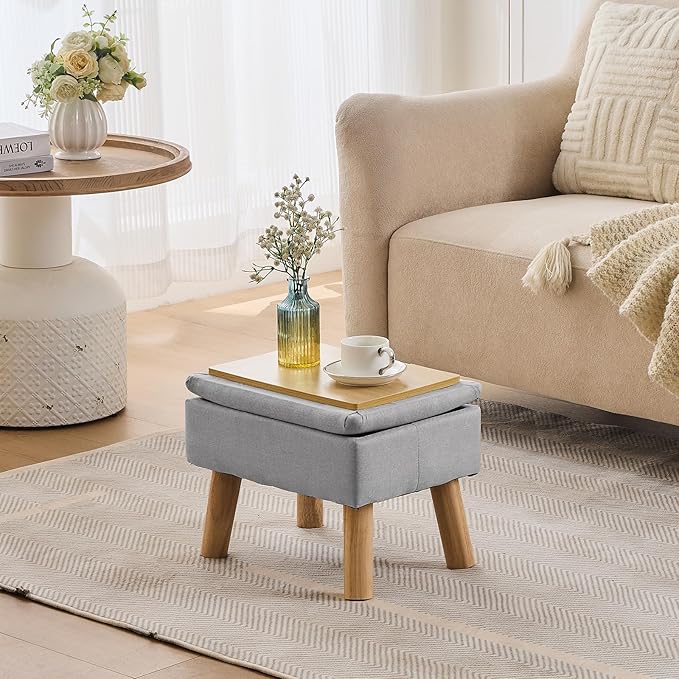 Storage Ottoman, Small Foot Stool Ottoman with Storage, Linen Foot Rest with Wood Legs, Footstool for Living Room, Bedroom, Entryway, Gray