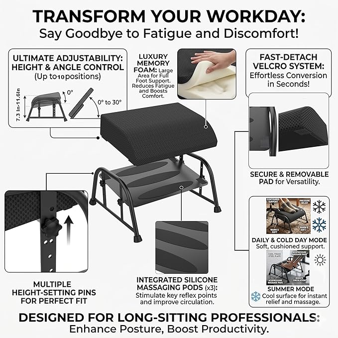 Under Desk Footrest with Memory Foam,Adjustable 10-Level Ergonomic Foot Rest for Office & Gaming Desk for Leg Rest,Reinforced Metal Frame,Non-Slip Base Extra Large（Black with Baseplate
