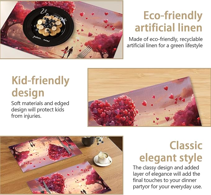Linen Placemats Set of 6, Red Love Haert Washable Table Mats 12x18 Inch, Heat Resistant Non Slip Placemats for Dining Table Kitchen Everyday Use
