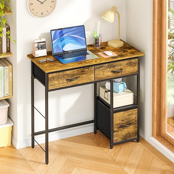 3IngSeagulls 33 Inch Small Computer Desk with Fabric Drawers, Home Office Desk with Storage Shelf, Compact Desks for Small Spaces, Teen Study Table for Bedroom, Rustic Brown