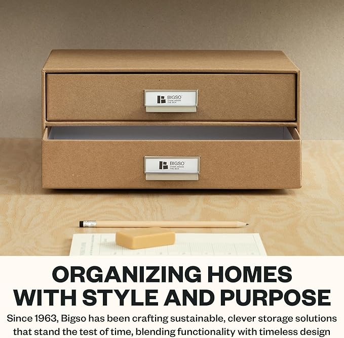 Bigso Birger 2-Drawer Fiberboard Document Letter Box - Paper Storage Drawers for A4 and Letter Sized Documents - Desktop Drawers with Label Holder - W 13.1 x D 10 x H 5.7 (inches) - Kraft
