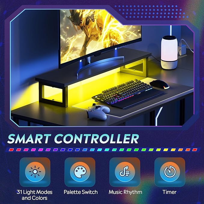 DEVAISE 55 Inch L Shaped Gaming Desk with Drawers and Storage, Corner Desk with LED Lights, Power Outlets, Computer Desk with Monitor Stand, Office Desk for Home, Black