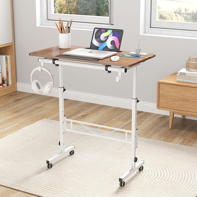 SIDUCAL Small Standing Desk with Charging Station, Portable Stand Up Desk for Walking Pad & Treadmill, Mobile Computer Workstation Adjustable Height, Tilted Desktop, 31.5” Vintage Oak