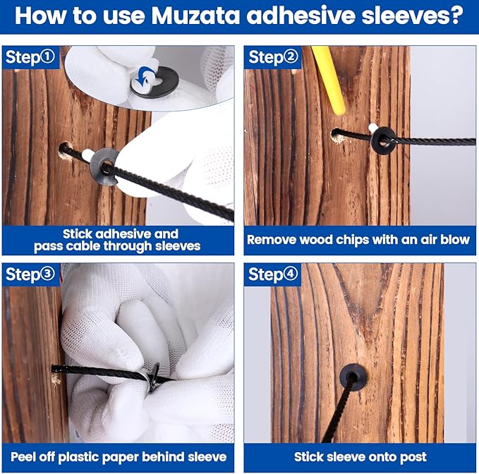 Muzata 100 Pack Black Cable Railing Adhesive Sleeves for 1/8" 5/32" 3/16" Wire Rope T316 Stainless Steel Adhesive Grommet Protector Sleeves Cable Railing Hardware Kit Wood Metal Posts CR91
