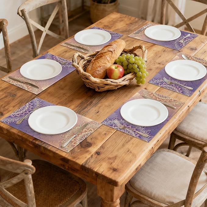 Linen Placemats Set of 6, Mandala Floral Orange Washable Table Mats 12x18 Inch, Heat Resistant Non Slip Placemats for Dining Table Kitchen Everyday Use