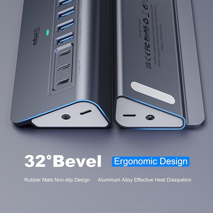 Powered USB Hub 10Gbps, intpw YH6AC 9-Port USB HUB with 10Gbps USB A/USB C 3.2, 4 USB 3.0, 2 PD 45W Charging Port, 65W Power Adapter + 4.92FT Cable, Aluminum USB Hub for Laptop, PC,iPhone 17/16