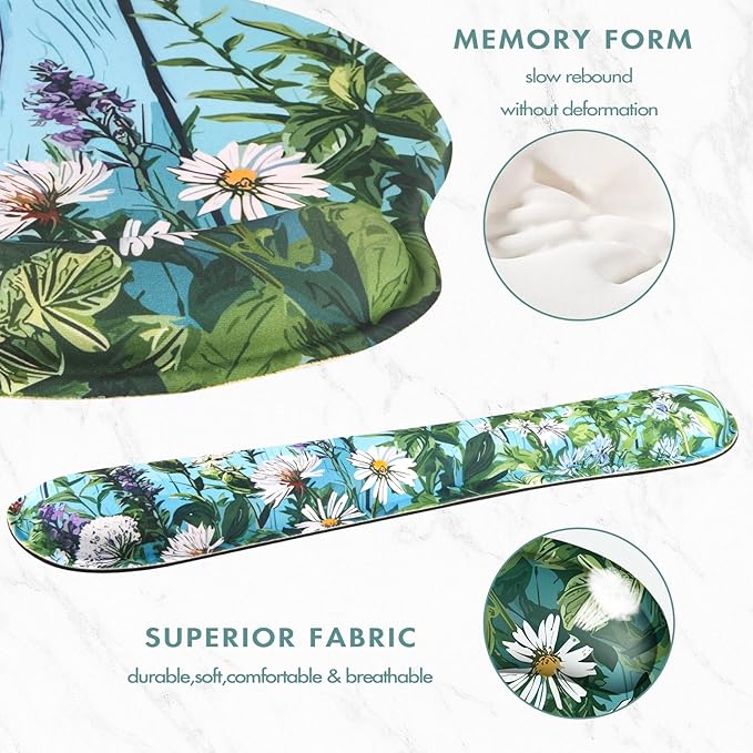 Keyboard Wrist Rest, Ergonomic Mouse Pad Wrist Support, Memory Foam Wrist Rest, Anti-Slip Base, Mousepad with Coaster for Computer Keyboard Office Home, Green Plant Flowers