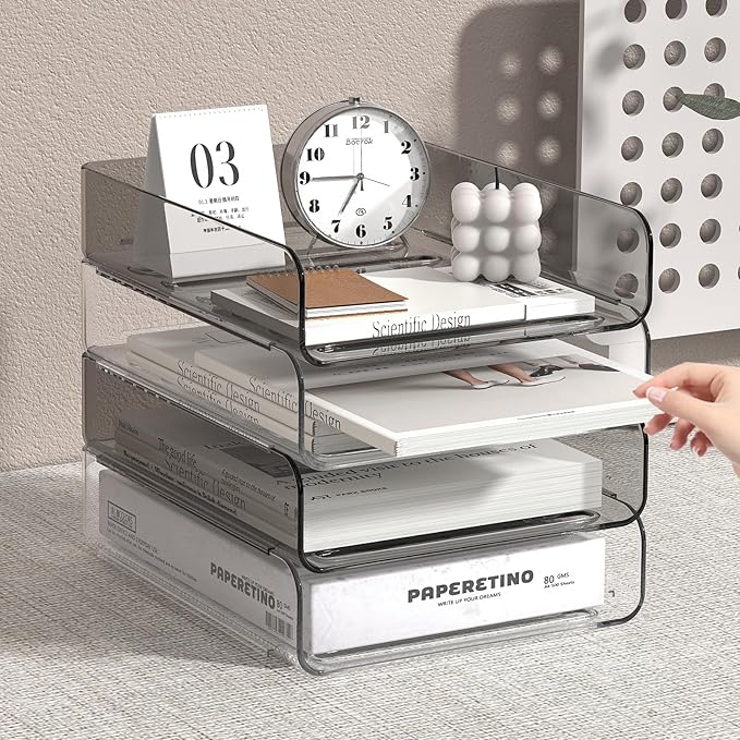 FANXIYQ 4-Tier Acrylic Paper Tray Organizer | Clear Stackable Desk Organizer for Documents, Letters, A4 Paper | Modern Office/Classroom/Home Organization,Clear&Brown