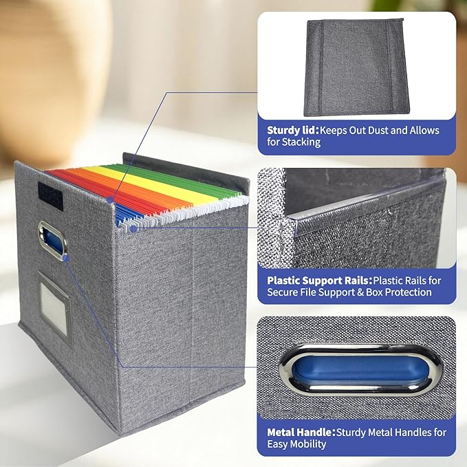 2 Pack Hanging File Folder Box with Lid, Durable Letter Size Filing Storage Box, Sturdy File Holder with Cardboard Support PVC Rails for Office Home Organizer, Gray