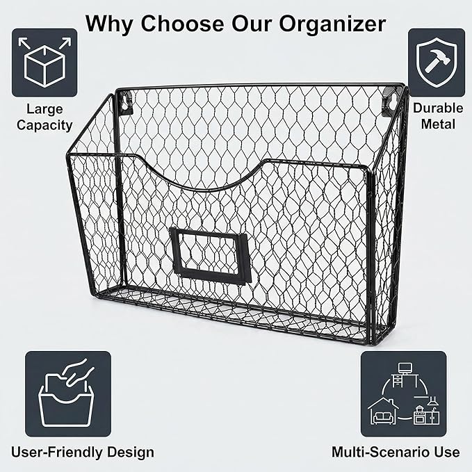 PAG 3 Pockets Hanging File Holder Wall Mount Mail Organizer Metal Chicken Wire Magazine Rack with Tag Slot, Black