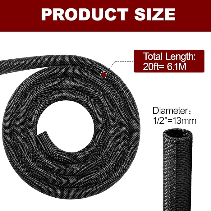 Automotive Wire Loom High Temperature Braided Wire Loom, Split-Sleeve Heat Resistant Wiring Loom Cord Cover for Harness Wires, Self-Wrapping Heavy Duty Sheathing Cable Management Black（20ft-1/2inch）