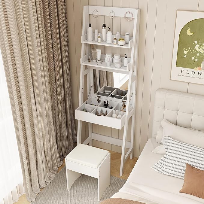 CHARMAID Small Vanity Desk with Mirror, Ladder Makeup Vanity Table with Flip top Mirror, Open Shelves, Hidden Storage Compartments, Compact White Bedroom Dressing Table with Stool for Small Space