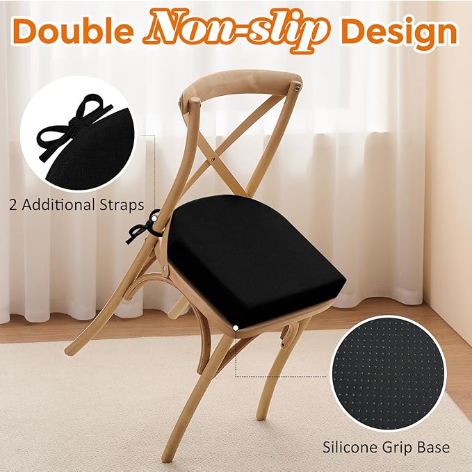 downluxe Chair Cushions for Dining Chairs, Memory Foam Linen Kitchen Chair Pads with Ties, Waterproof, Stain-Resistant and Washable Cover, 17" x 16" x 2.5", Black, 2 Pack