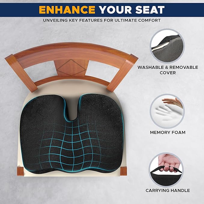 EcoNour Thick Seat Cushions for Tailbone Pain Relief (2 Pack) | Orthopedic Desk Chair Cushion for Office, Gaming Chair & Car Seat | Sciatica & Coccyx & Tail Bone Pain Relief for Long Sitting Elderly
