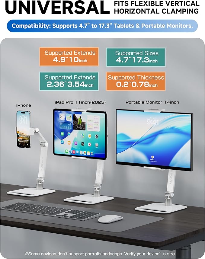 Portable Monitor Stand Holder for 15.6'',17.3'', Tablet Stand Holder for iPad, Aluminum Alloy Foldable Arm Mount with 360° Swivel Desk Mount Compatible with 4.7-17.3inch Tablet (White)
