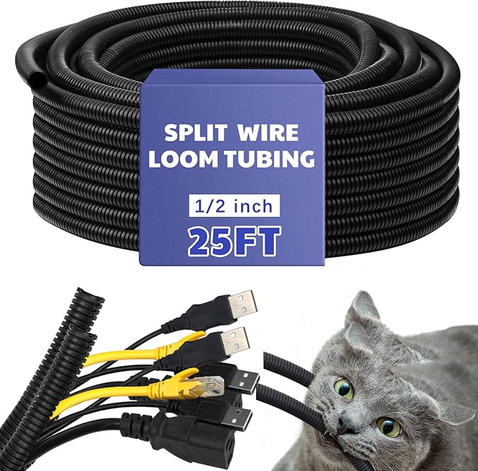 Kanayu Split Wire Loom Tubing Flame Retardant Wire Covering High Temperature Cable Sleeves Split Protector Cable Conduit for Industrial Electrical Automotive Marine(1/2''-25 ft,Black)