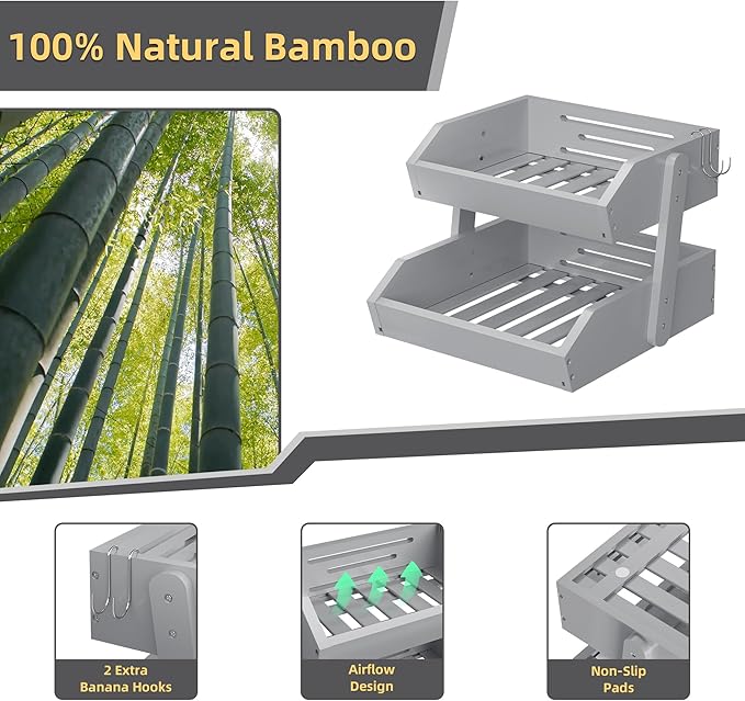 Hellojin Bamboo 2 Tier Fruit Basket For Counter, Large Capacity Fruit Storage Countertop, Fruit Holder, Wooden Pantry Organizers and Storage, Kitchen Countertop Organizer With 2 Banana Hangers (Grey)