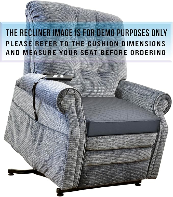 Medium-Soft 20x20x3 Memory Foam Recliner Chair Seat Cushion for Long Sitting - Armchair Pad with Washable Velvety Cover with Waterproof Layer & Non-Slip Base for Seniors & Elderly - Gray